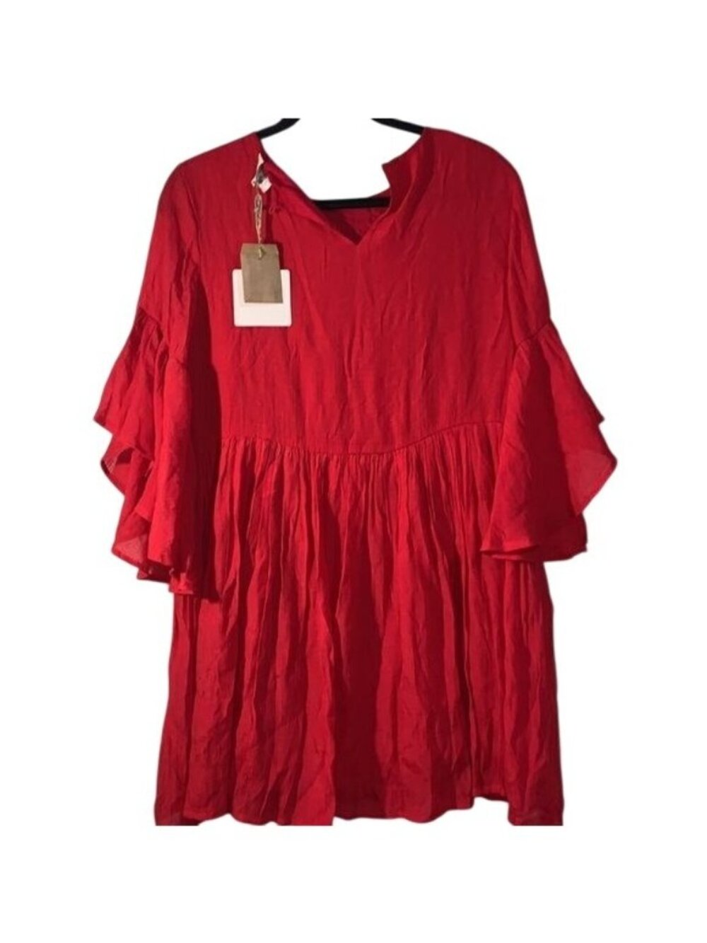 Umgee USA Womens Red Embroidered Bell Sleeve Boho Dress M Rayon Flowy Fit - Picture 11 of 16